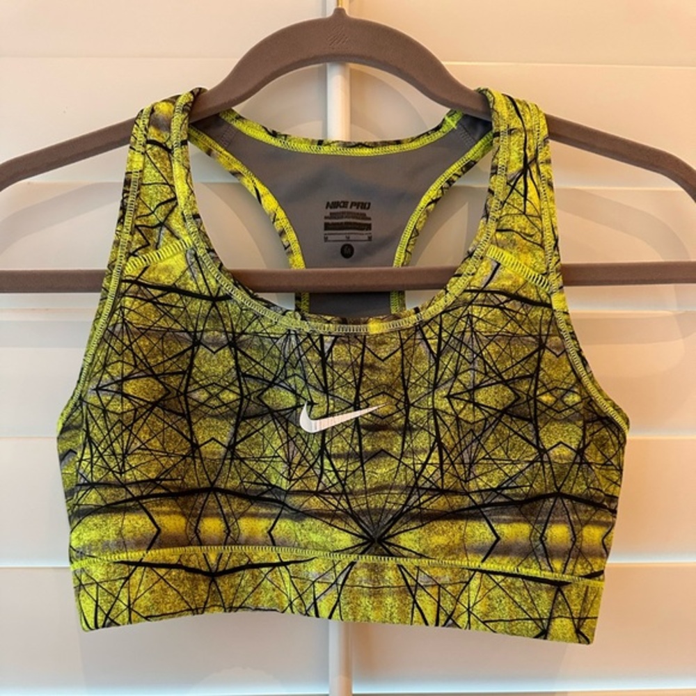 Nike Pro Dri Fit Athletic Running Sport Bra EUC Yellow/Green and Black Sz Medium